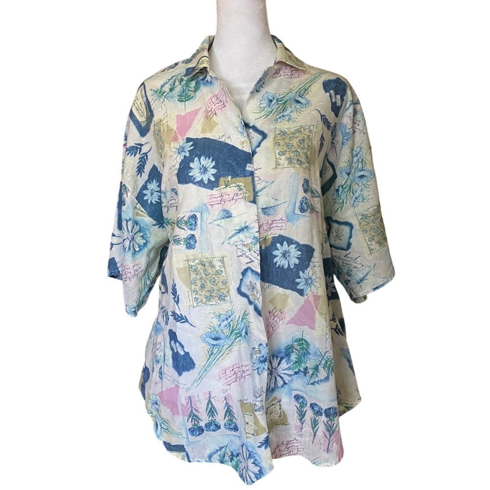 Vintage 1990s Botanical Floral Patchwork Button‎ Up Shirt Large Summer Granola